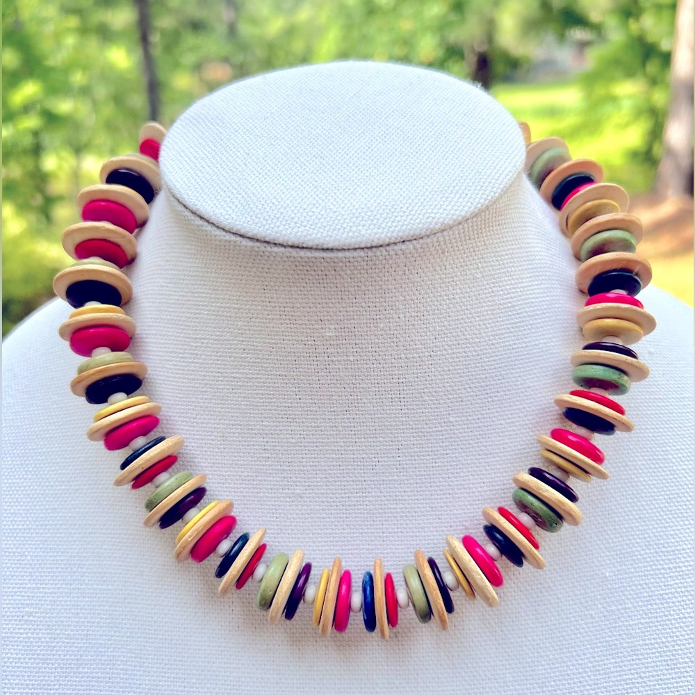 Boho Wooden Beaded w/Seed Pearl Choker Necklace Multi Color Disk Beads Vintage
